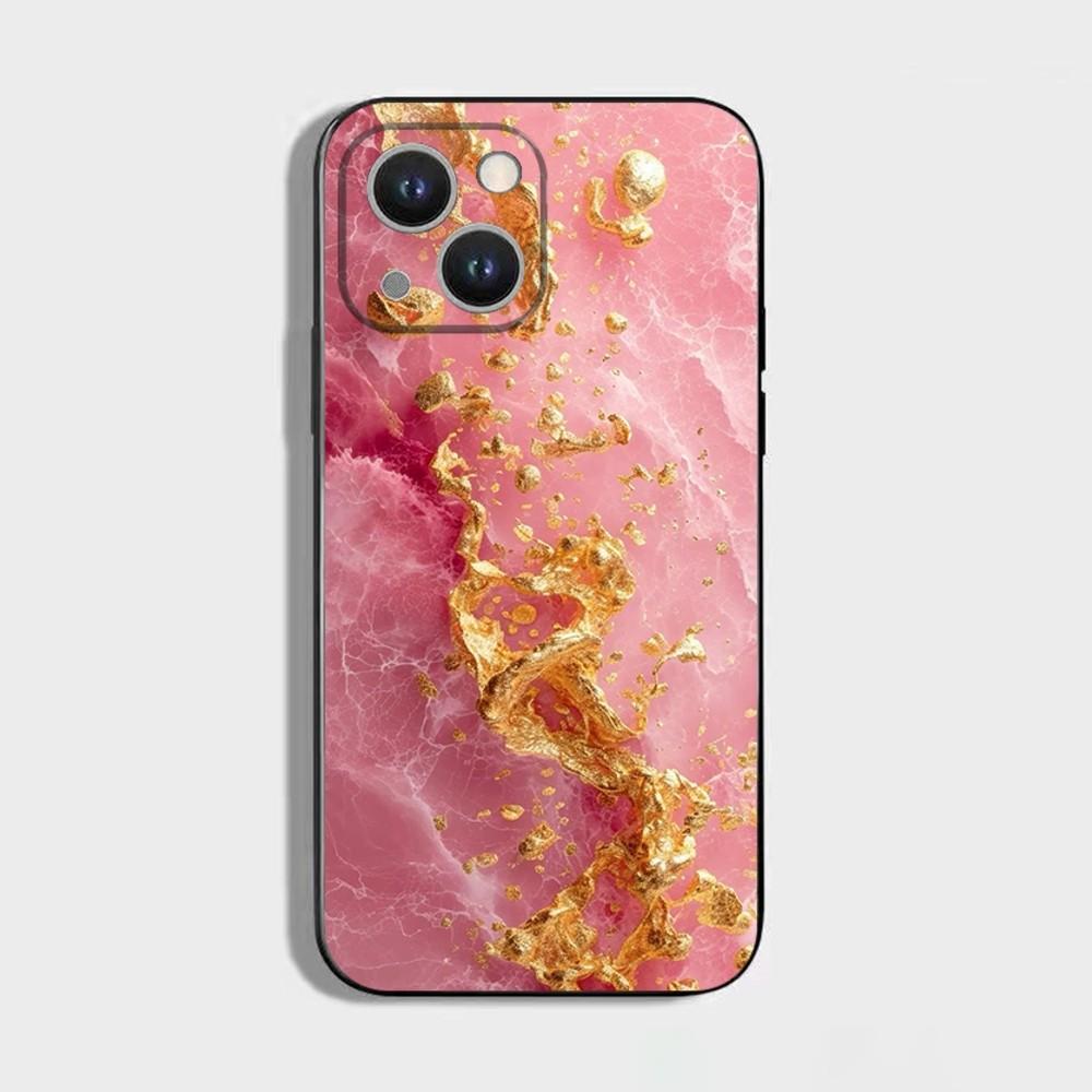 

Gold Pink Geometric Marble Phone Case For iPhone 16,15,14,13,12,11 Plus,Pro Max,XS,X,XR,SE,Mini,8,7,Soft Silicone Black Cover iPhone16pro