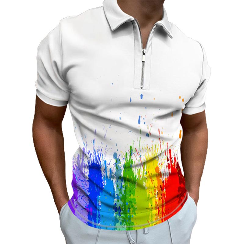 Neformální tričko s klopou Móda pro mladé muže Tričko na zip Tričko s krátkým rukávem Pánské tričko s 3D vícebarevným potiskem
