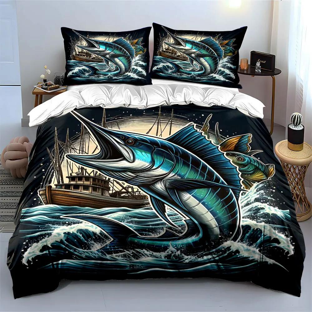 "Fishing-Themed Nautical Decor Set" Multiple sizes kid's and adults' bedroom Exquisite 3PC bedding set, gift