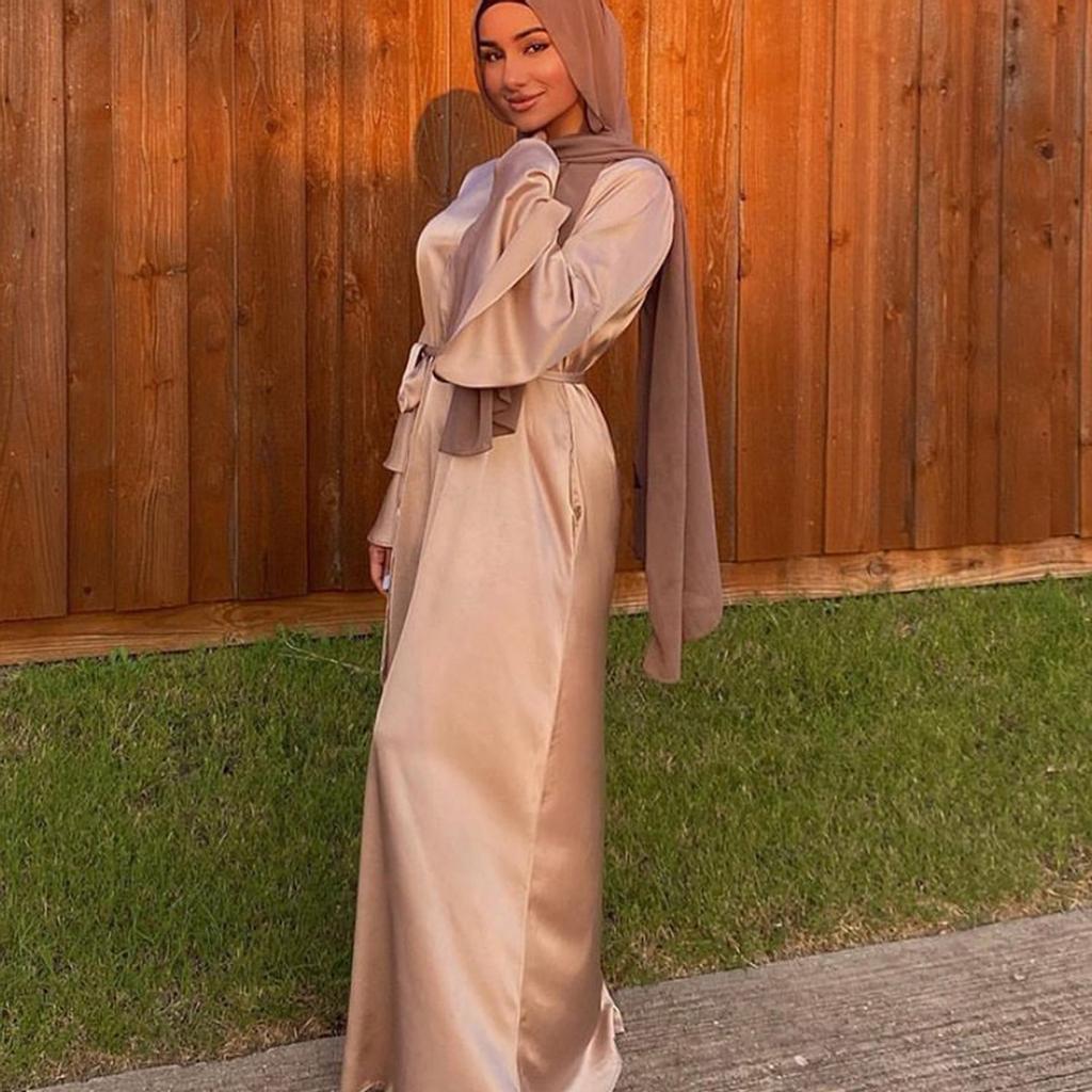 Women's Fashion Solid Color  Long Sleeve Satin Soft Waist And  Dress