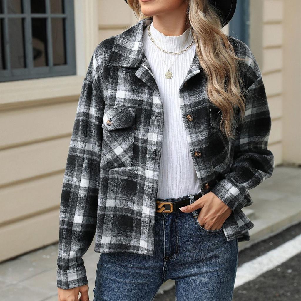 HNXC Moda damska Casual Jesień Zima Kratka Nadruk Długi Rękaw POLO Kardigany