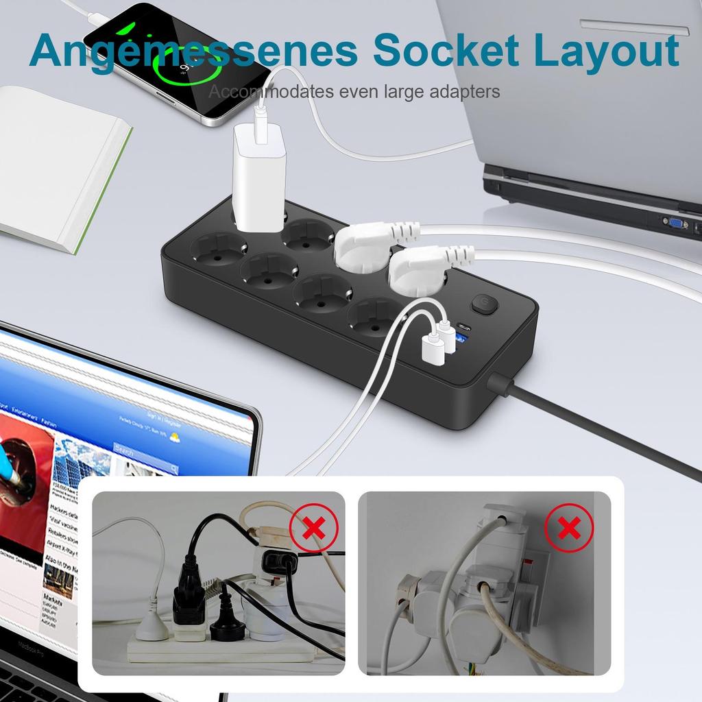 Prelungitor cu priză UE cu 3 porturi USB, priză prelungitoare, filtru de rețea, 8 prize AC, 2000W, adaptor electric de încărcare