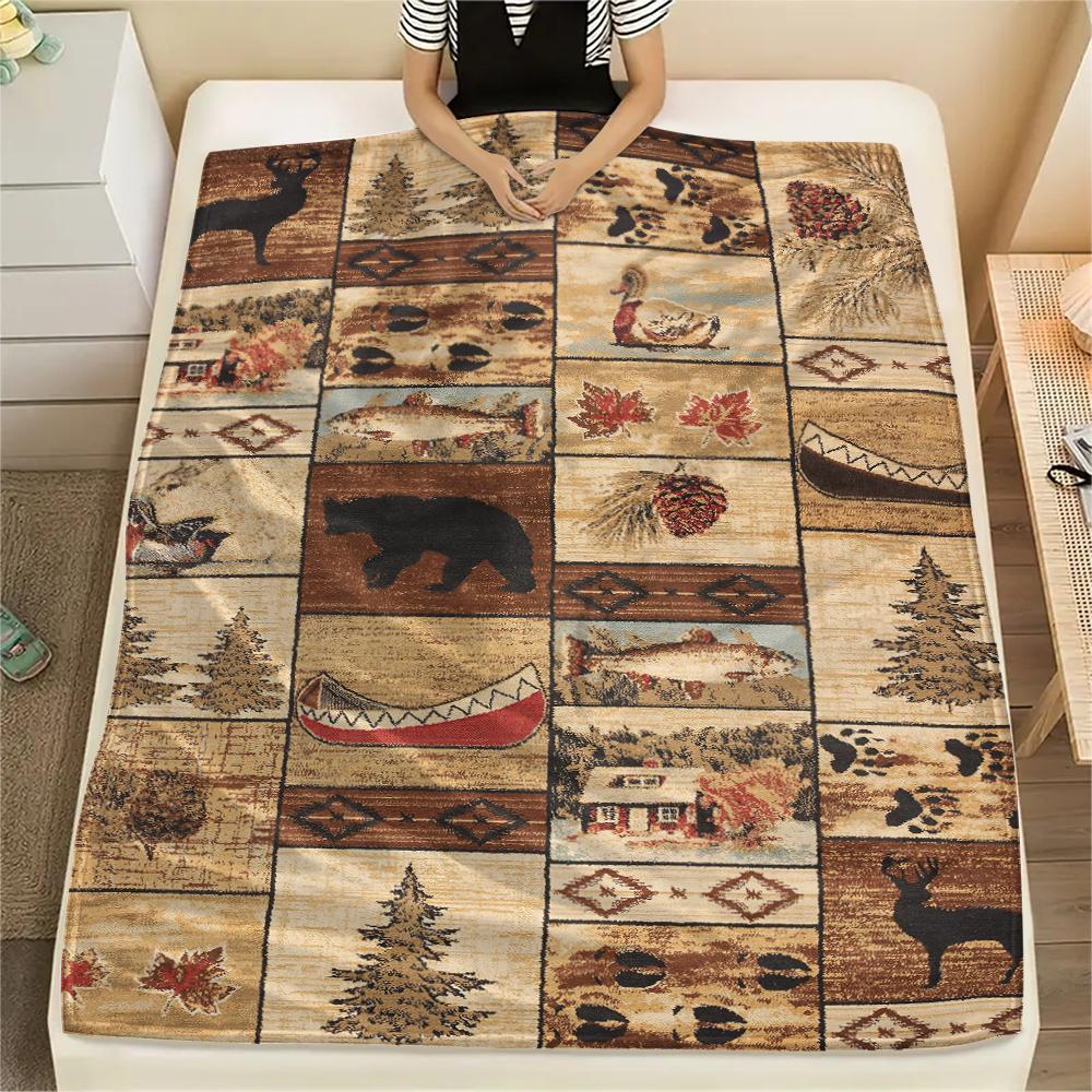 1Pc Cabin Bear Print Flannel Blanket, High Quality Comfortable for All Seasons, Home Decor, Warmth and Comfort, Perfect for Gifts