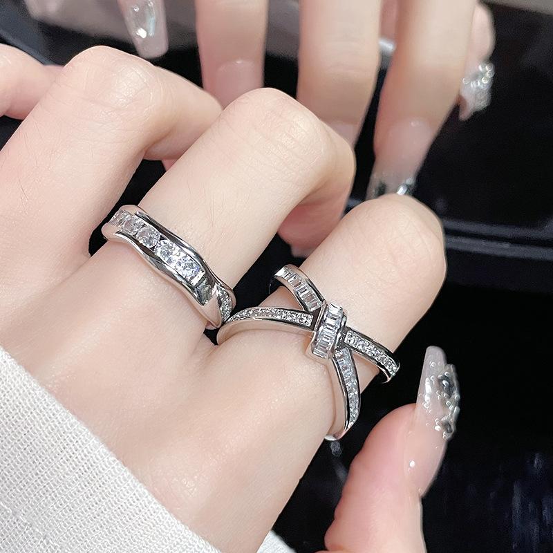 Niche Design Cross Opening Ring Set Row Diamond Zircon Light Luxury High Sense Fashion Cold Wind Ring
