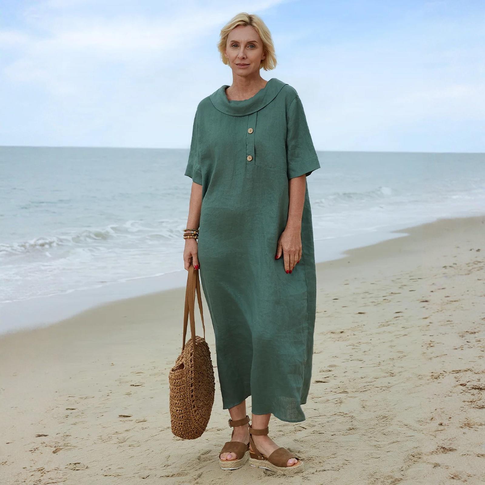 Linen Dress For Women Cotton Linen Maxi Dress Casual Short Sleeve Long Sundress Beach Vacation Outfits XXXL зелёный