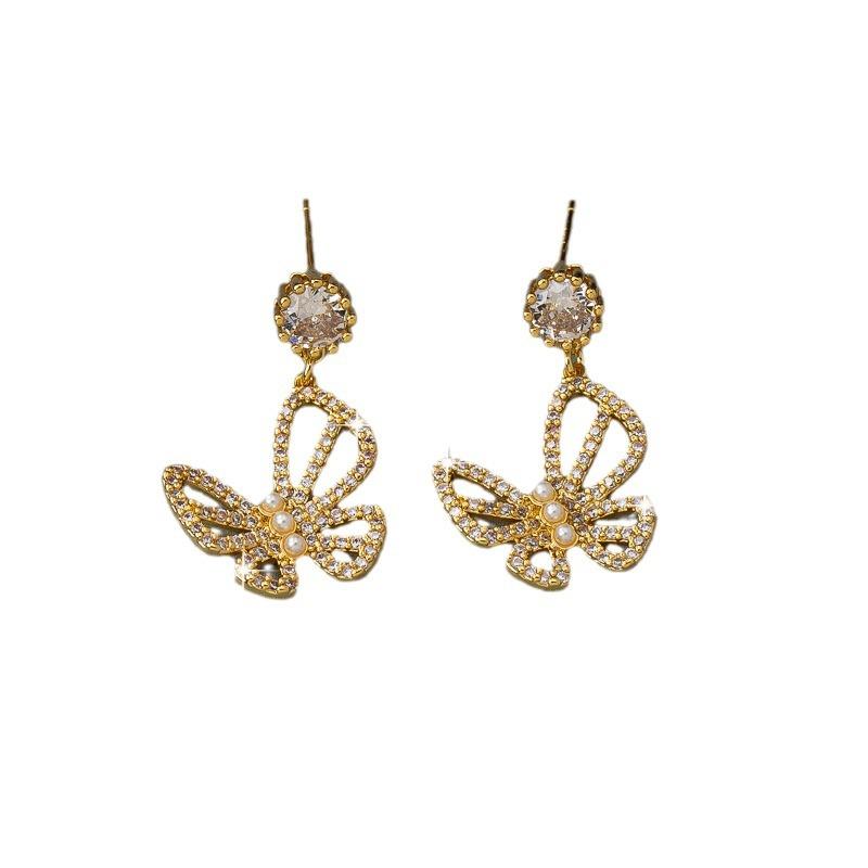 Pearl butterfly earrings women's zircon hollow high-end light luxury earrings exquisite and sweet personality fashion temperament earrings