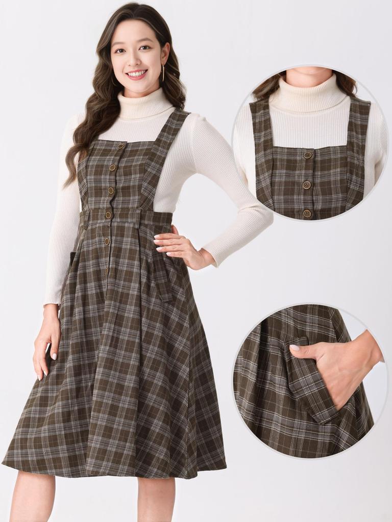 Allegra K Women's Vintage Checkered Overall Dress, Sleeveless, A-Line, Pinafore Dress, Brown, Size M