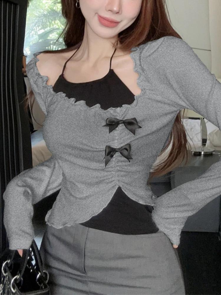 

Kawaii сексуальный поддельный комплект из двух предметов женский топ с бретелькой через шею корейская мода тонкие укороченные топы женские милые рюши Y2k уличная одежда футболки 2024 новый S серый