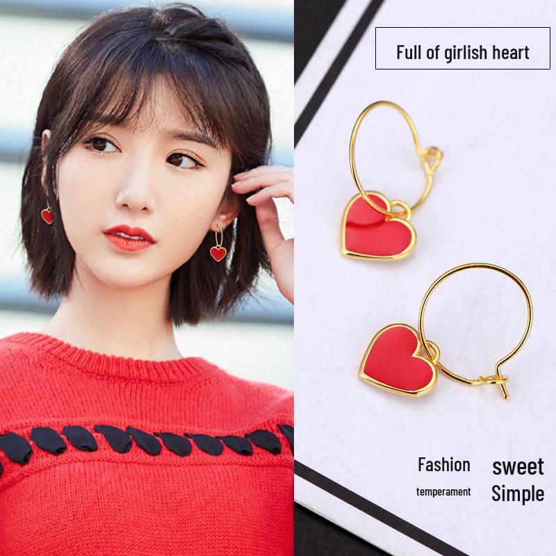 Korean-Style Retro Heart Earrings - Simple Red Ear Studs & Sweet Hoop Pendants for Women