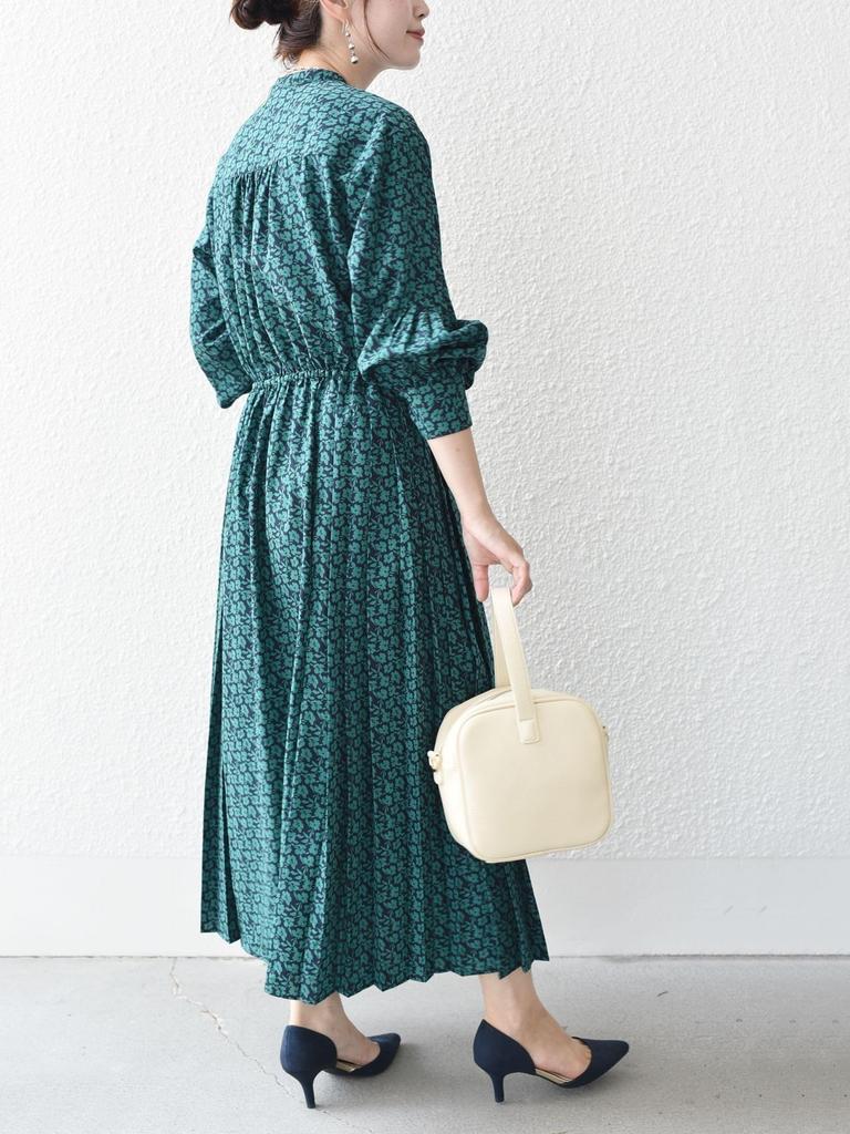 SHIPS for Women Web Hand Polka Band Side Dark Size M Dress, Exclusive, Washable, Dot/Floral Print, Collar, Pleats, Women's, 314514409, Green,