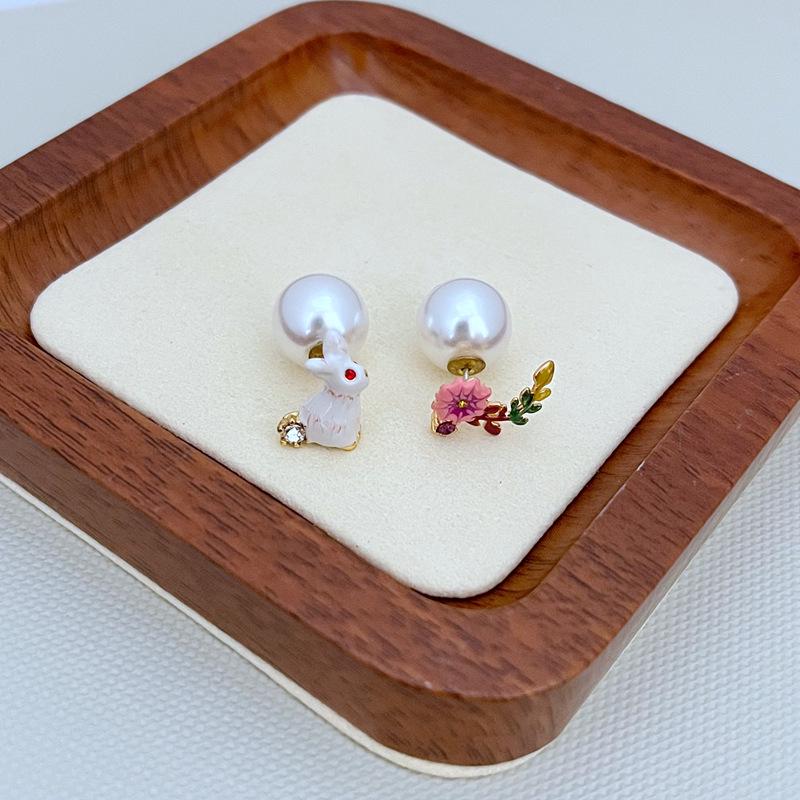 

Asymmetrical Enamel Rabbit & Flower Pearl Stud Earrings for Women