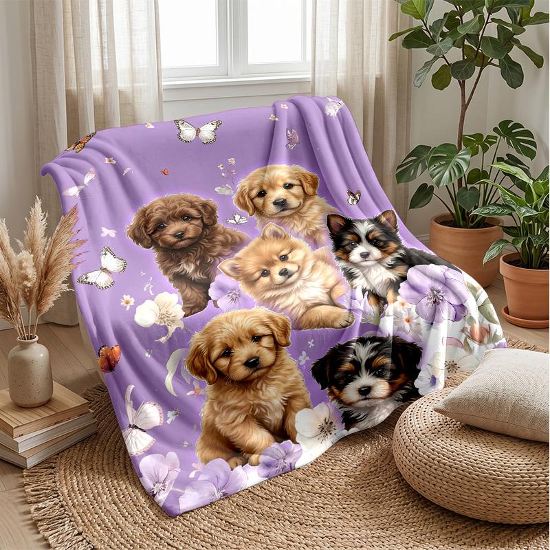 Puppies and Butterflies Garden Theme blanket Lightweight Warm Flannel Blanket Decorative Throw Blanket for Home Decoration