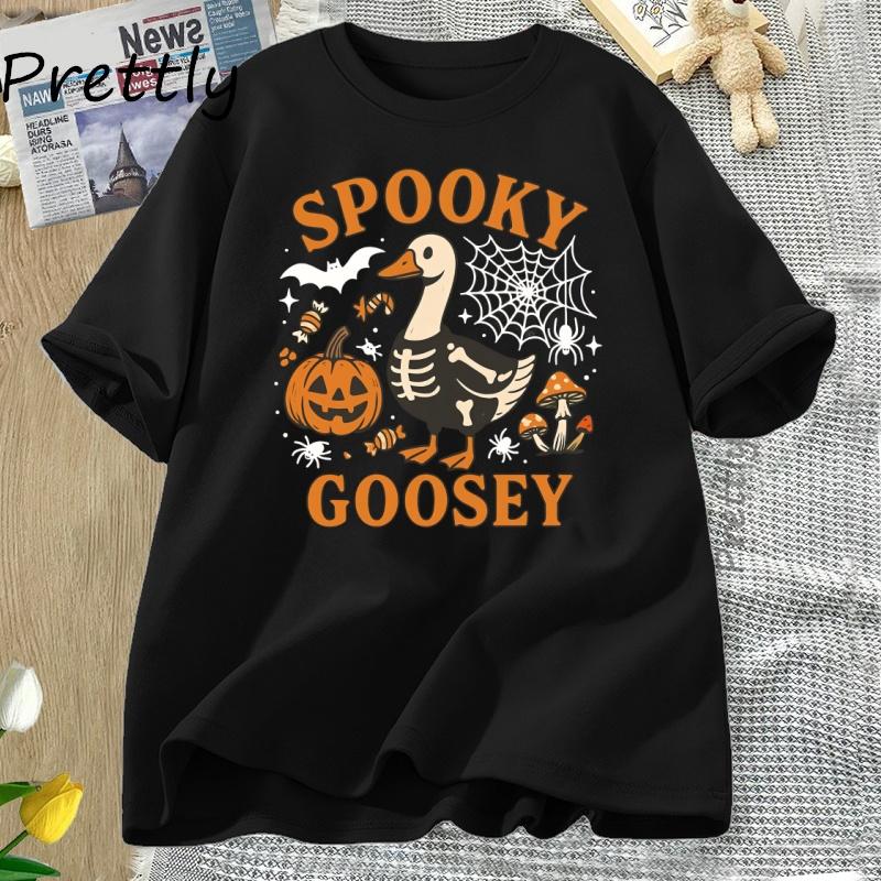 Spooky Goosey TShirt Funny Halloween Goose T Shirt Cute Horror Short Sleeve Pumkin Tshirt Fall Vintage Women Clothing Tops
