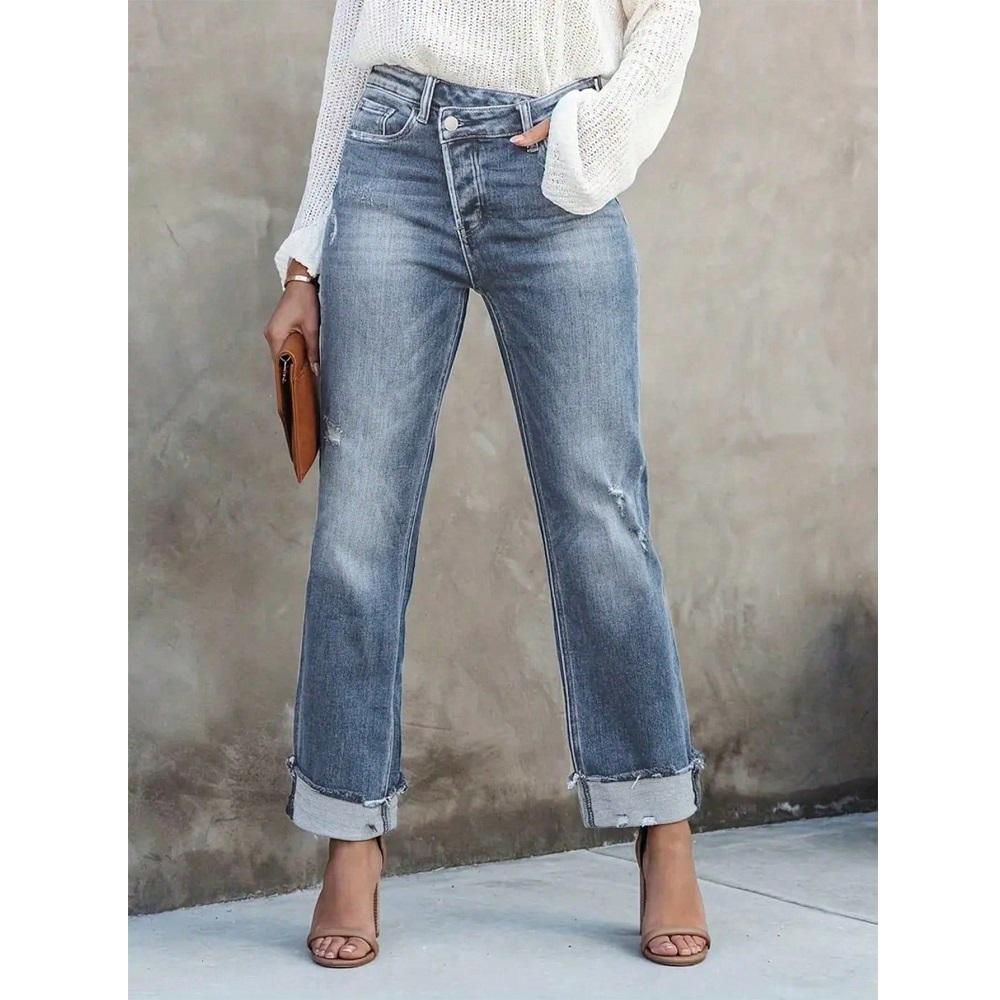 High Waist Stretch Denim Jeans for Women Solid Color Slim Straight Pants Pantalones de mujer