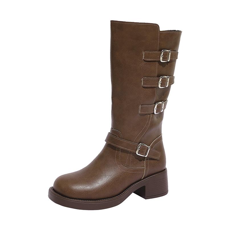 Korean Soft Leather Martin Boots Women's British Style Autumn 2025 New Belt Buckle Retro Medium Tube Thick Heel Fashion Boots