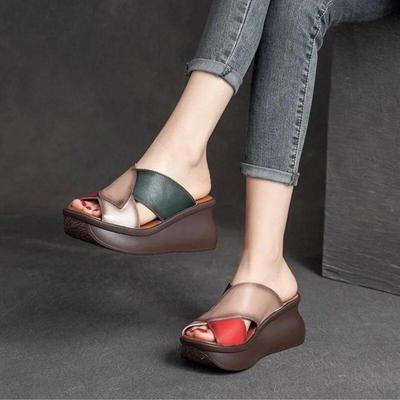 Retro Women Peep Toe Wedges Slippers Genuine Leather Thick Sole Slides Fashion Platform Shoes