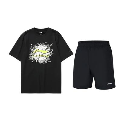 Li Ning Printed Crew Neck Top Simple Comfortable Versatile Casual Sports Suit Unisex Tops Black AHSUA05-2+YKST119-1