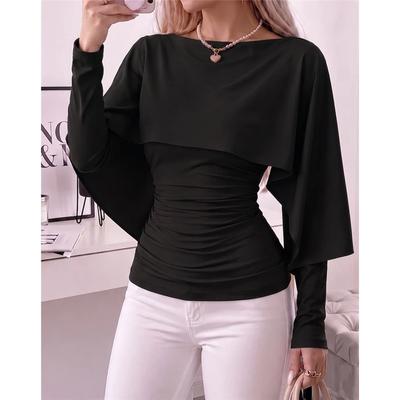 Women Ruched Long Sleeve Top Elegant Draped Cape Slim Fit Solid Blouse