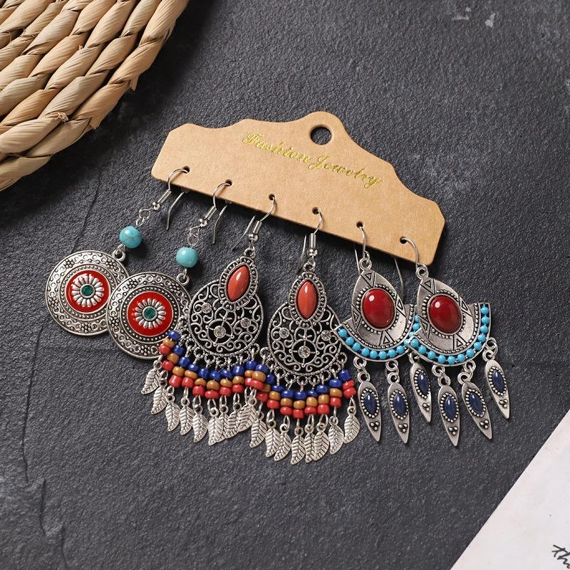 Retro long earrings, Tibetan silver tassel women's bohemian high-end metal vacation earrings set