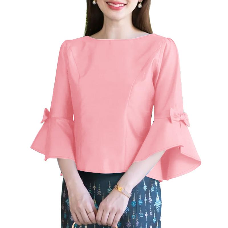 

ZANZEA Женская повседневная блузка с круглым вырезом, рукавами-фонариками, свободного кроя, однотонная S розовый