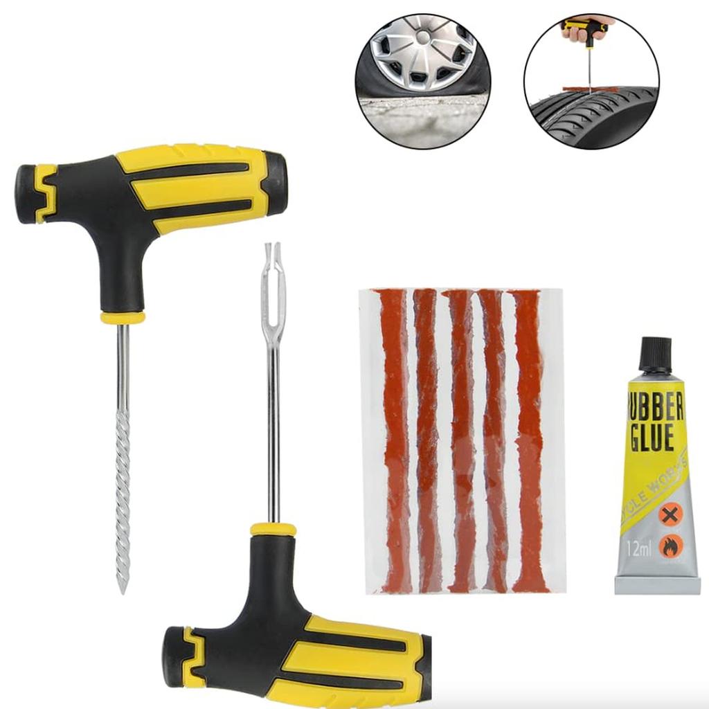 Tire Repair Kit with T-Handle Reamer and Insertion Tools Rubber Glue and Plug Strips for Car Motorcycle Bicycle Tire Puncture Repair