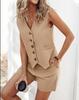 Women's Khaki Sleeveless Vest Set with Metal Buttons and Pockets, Matching Shorts, Casual Outfit In Blue, Black, Light Gray, Green