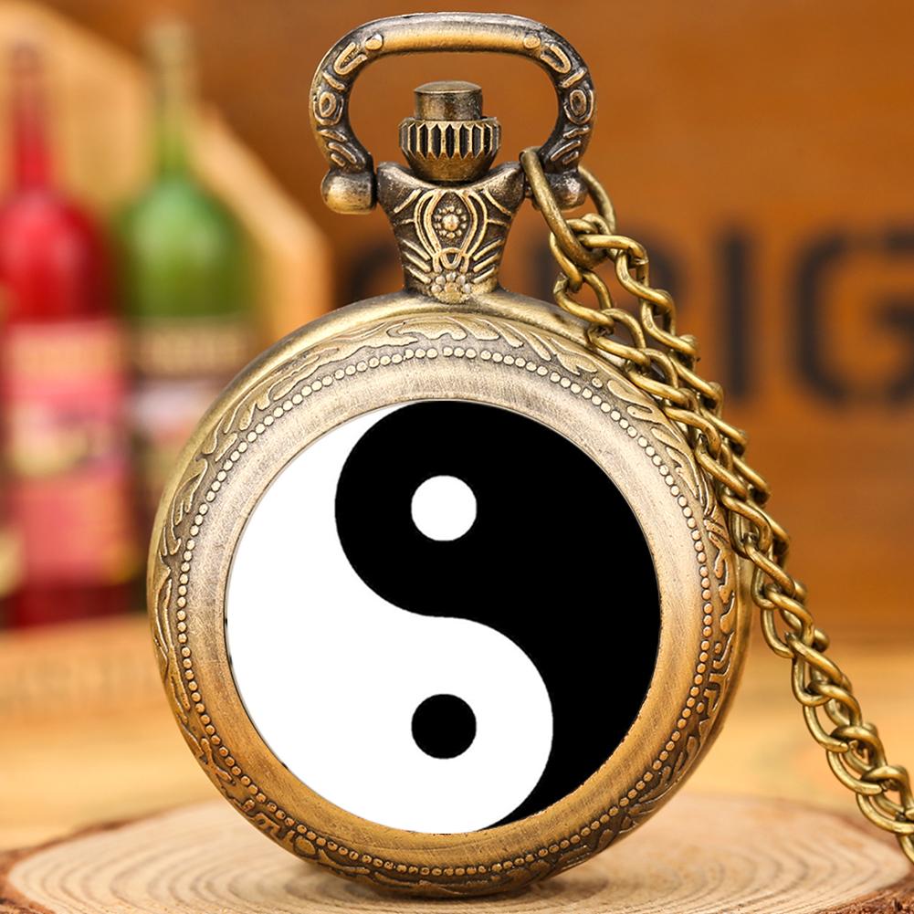Black and White Tai Chi Snap Button Quartz Pocket Watch Yin Yang Jewelry Steampunk Medium Size Necklace Chain Collectibles Gifts