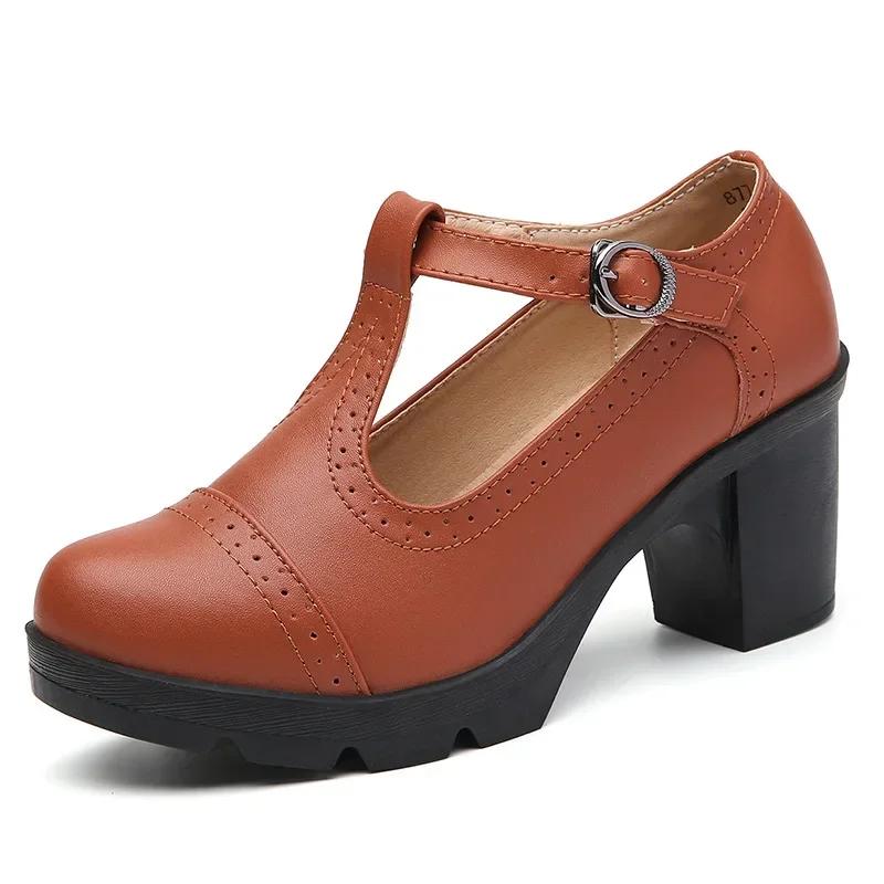 Modă Modă Stil Britanic Pantofi Mary Jane cu Vârf Rotund Piele Decupată Tocuri Pătrate Platformă Retro Pantofi de Dans pentru Femei