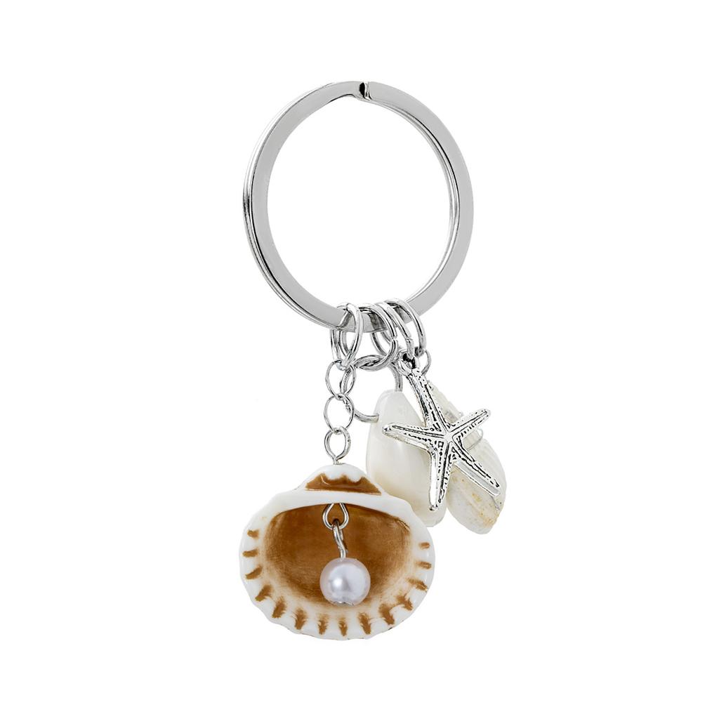 Natural Shell Starfish Pearl Keychain Silver Ocean Style Bag Charm for Women