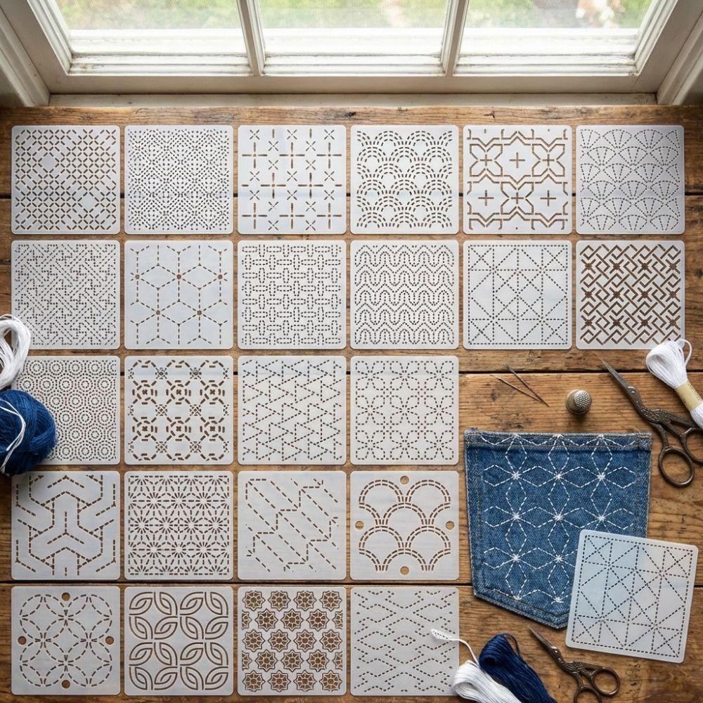 Kit di 30 stencil Sashiko con motivo geometrico, stencil riutilizzabile per patchwork, forniture per riparazioni