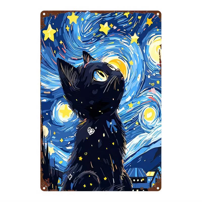 Tin Sign Cat Astronaut Starry Night Wall Decor Vintage Metal Poster Plaque for Home Bar Cafe Garage Funny Space Kitty Painting