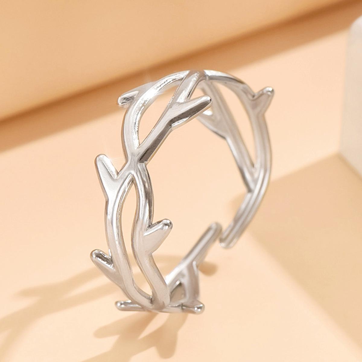 Elegant Titanium Steel Leaf & Thorn Open Ring for Women - Fresh Forest Style