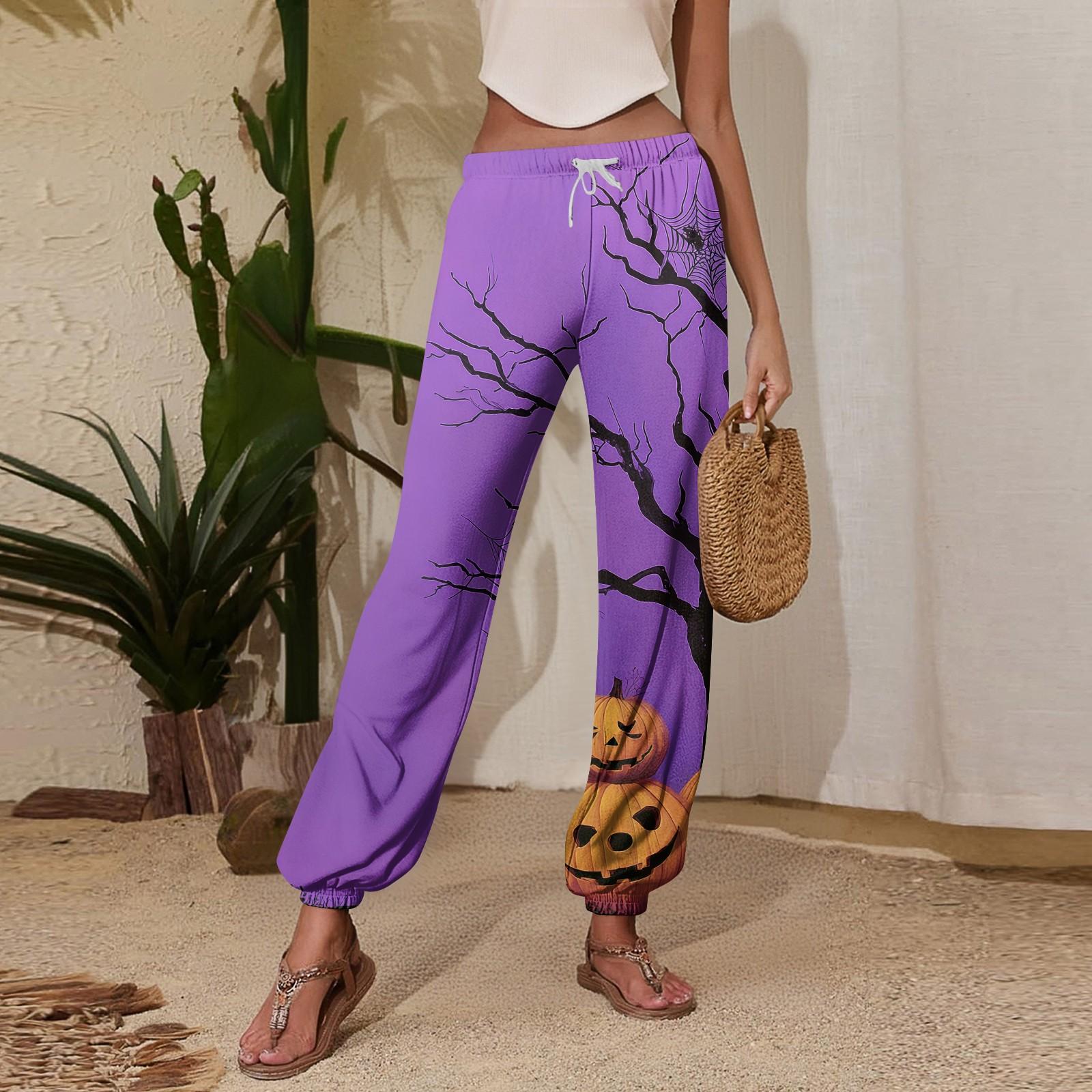 Women s Halloween Print Joggers Sweatpants - Drawstring Elastic Waist Cuffed Casual Pants for Fall Holiday Party L темно-фиолетового