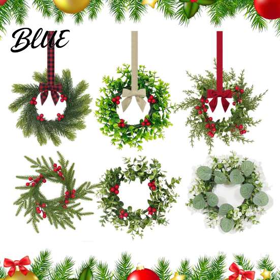 French Country Style Home Accent Christmas Bow Wreath Door Hanger Artificial Pine Candlestick Garland with Ribbon Multiuse Decorative Ring