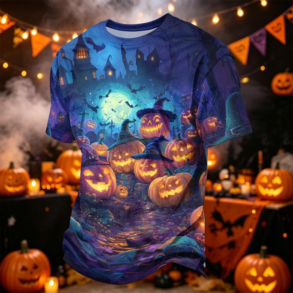 Men Casual Corduroy Short Sleeve Lightweight Breathable Round Neck Top Halloween Pattern Printed Shirt