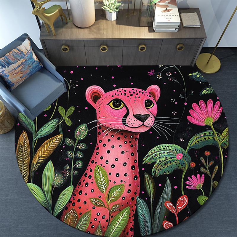 Pink Leopard Round Area Rug,Carpet Rug for Living Room Bedroom Sofa Playroom Decor,Non-slip Floor Mat