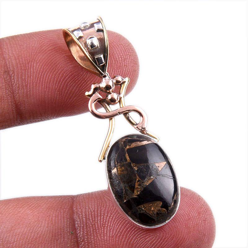 

Natural Black Copper Turquoise 925 Solid Silver Gift TwoTone Pendant 1.75 k1D83