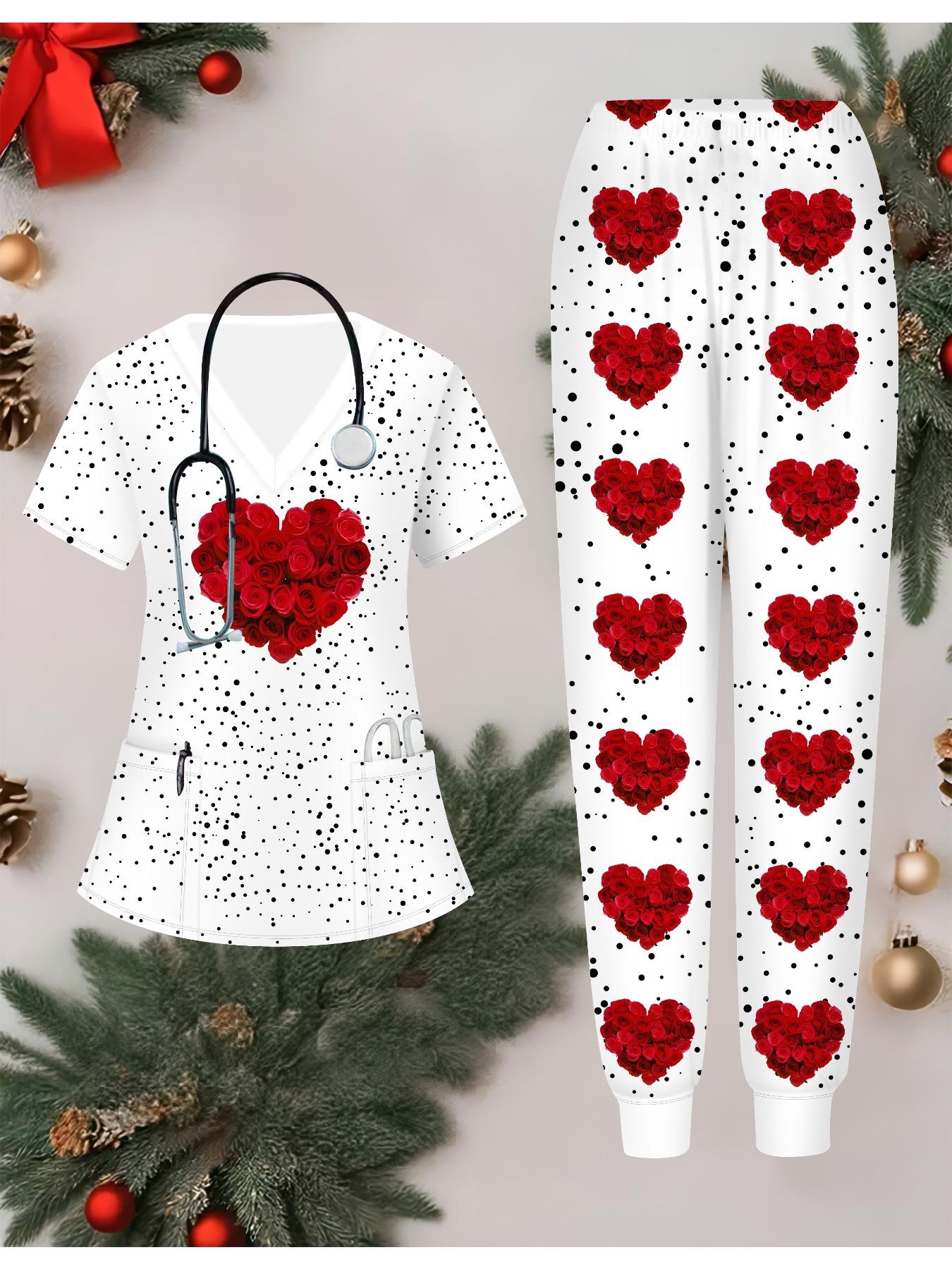 

Жіночий набір медсестри з 3D квітковим принтом, короткий рукав, довгі штани з кишенями, повсякденний, модний, різдвяний подарунок XXL білий
