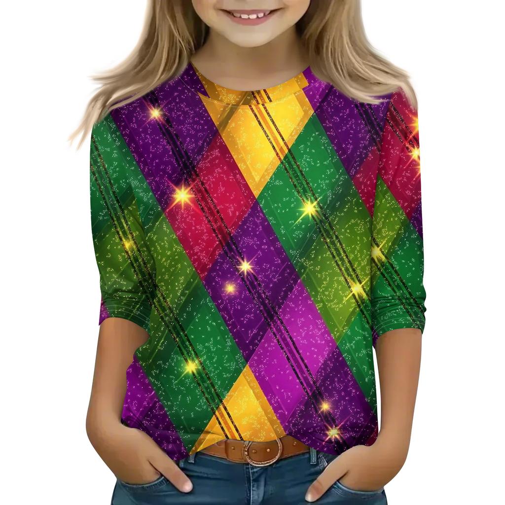 Print Tops For Youth Girls Round Neck 3/4 Sleeves T-Shirts Trendy Tops Outfit Tees