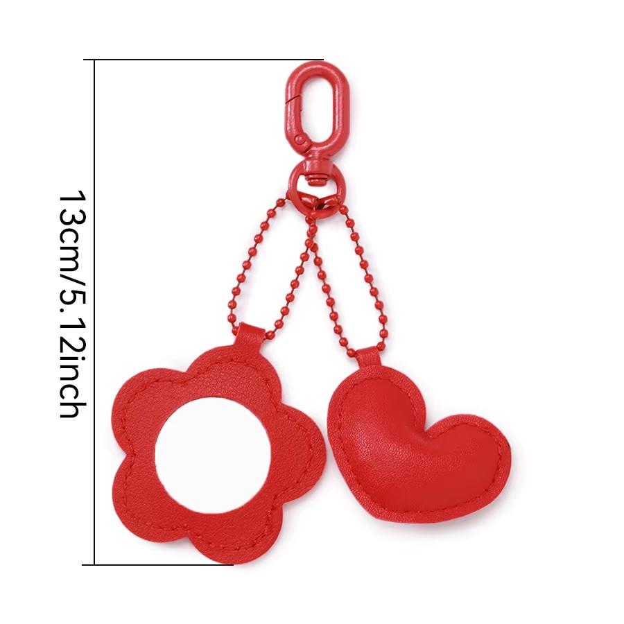Portable Mini Makeup Mirror Keychain Red Flower Heart PU Leather Bag Pendant Women Cosmetic Mirror Key Ring Accessories Gift