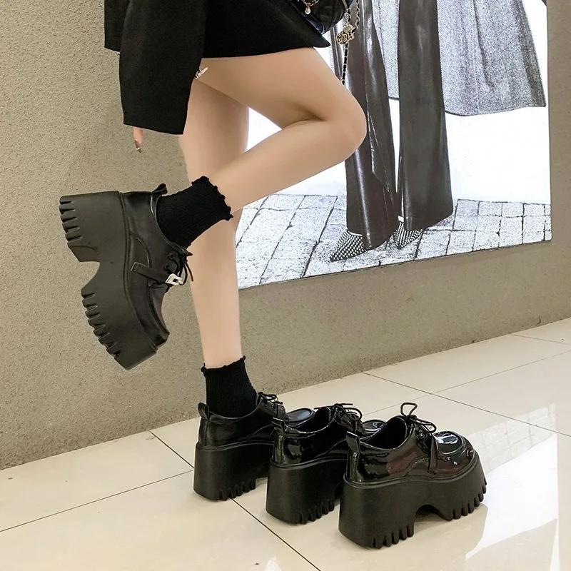 Fashion 8CM Lolita Shoes Women Mary Jane Lace Up Loafers Girls Students Uniform High Heels Platform Office Shoes Cosplay Female Shoes