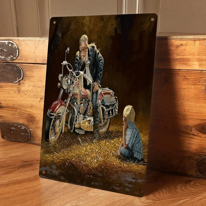 

1 piece of retro-style tinplate painting of a motorcyclist and boy, a nostalgic decorative painting for the living room or study (as the picture,20x30cm)