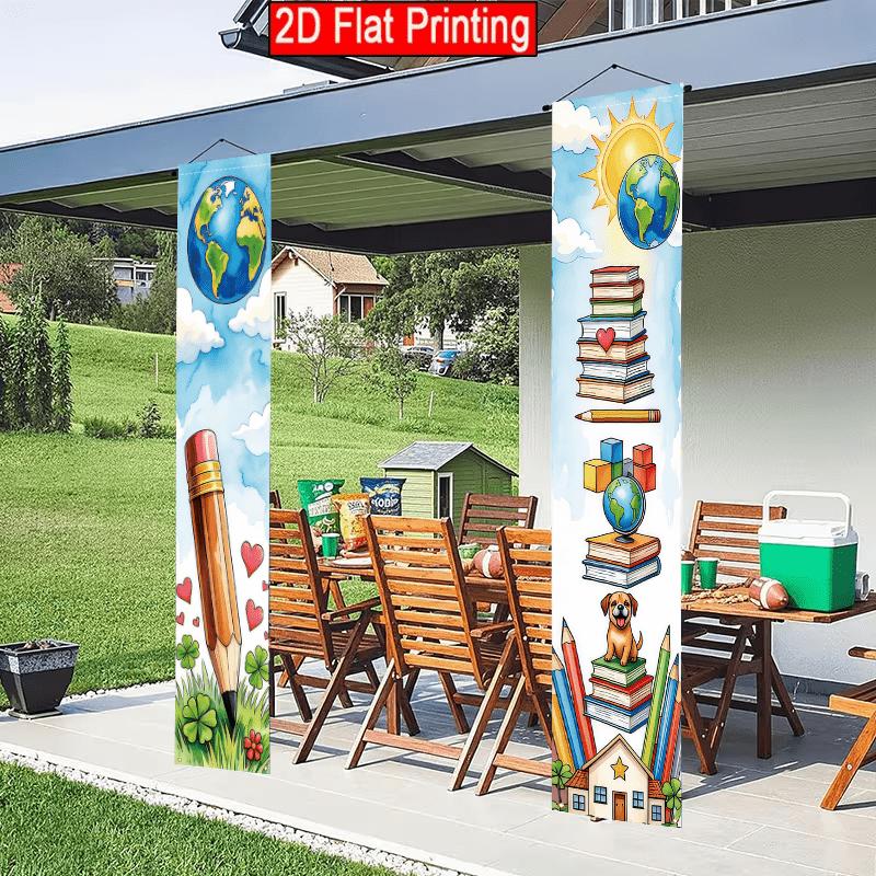 2D Flat, 2pcs 2D Vibrant Campus Theme Porch Banner, 30.48x179.83 cm Polyester Door Couplet, Globe, Study Supplies, School Building Design, Suitable fo