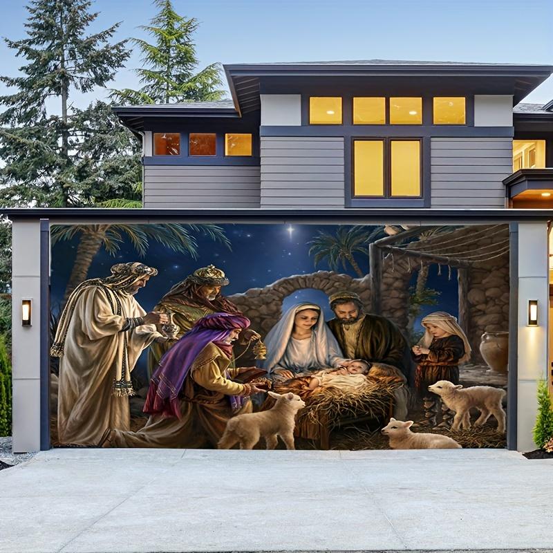 A Nativity scene, religious Christmas pattern, outdoor garage door, Nativity Winter Courtyard door frame