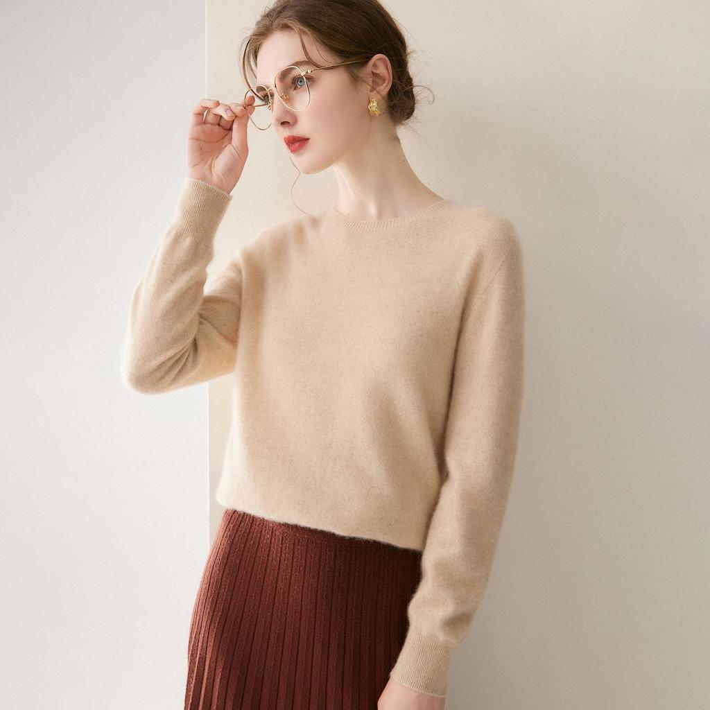 Women's 100% Cashmere Sweater - Round Neck, Long Sleeve, Solid Color Pullover for Autumn/Winter.