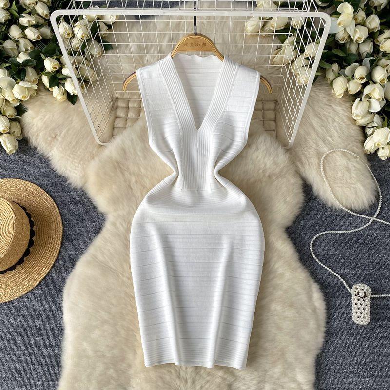 Adult Lady Like Woman Elegance Sleeveless Vest Dress Women's Stylish V Neck Elastic Slim Fit Slimming Sheath Bottom Knitted Dress