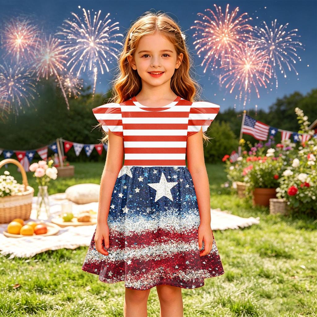 Girls' Summer Princess Dress - A-Line T-Shirt Dress Independence Day