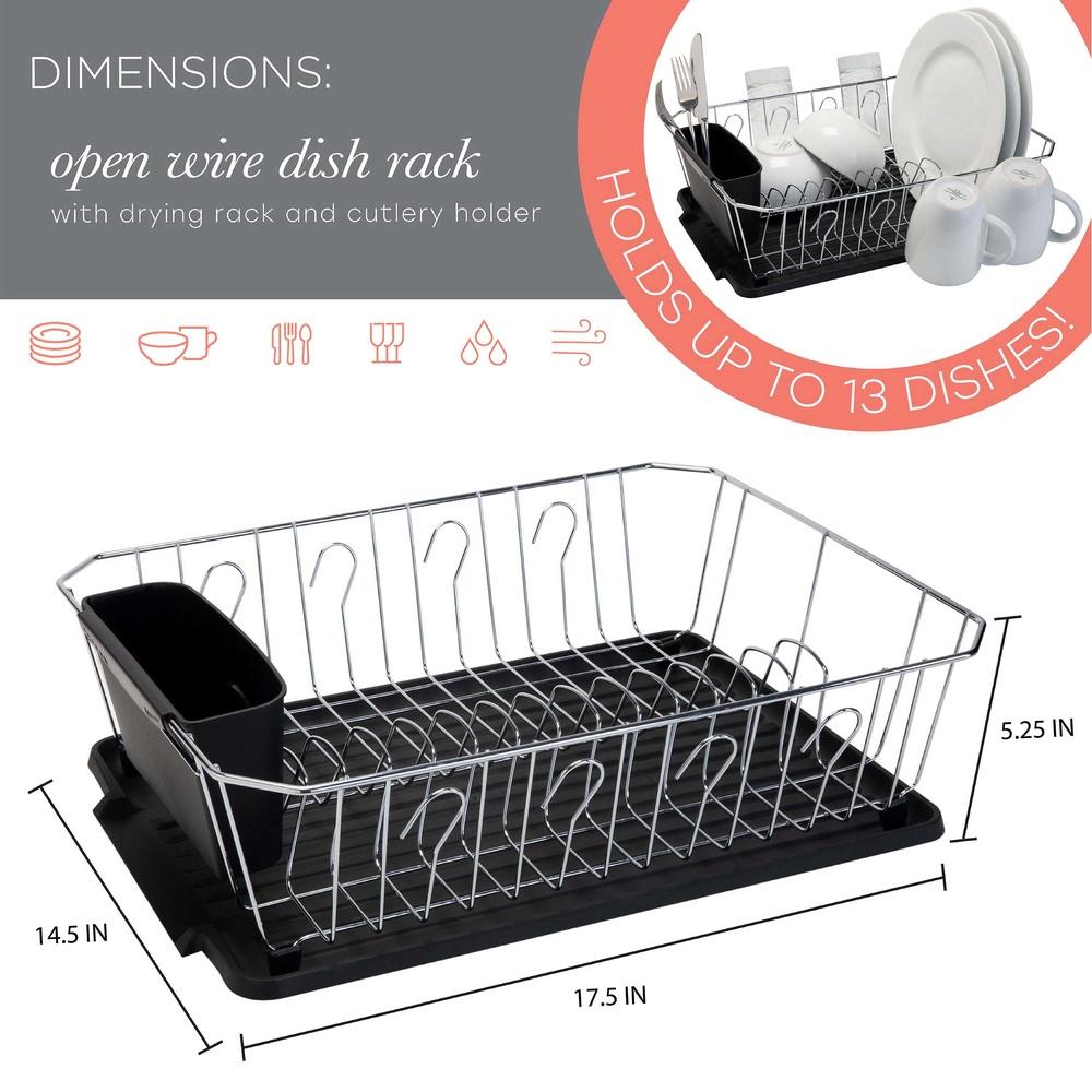 Chrome Dish Rack Set 3 Piece Iron Construction Rust Resistant Dish Drainer with Cutlery Basket and Water Catching Tray