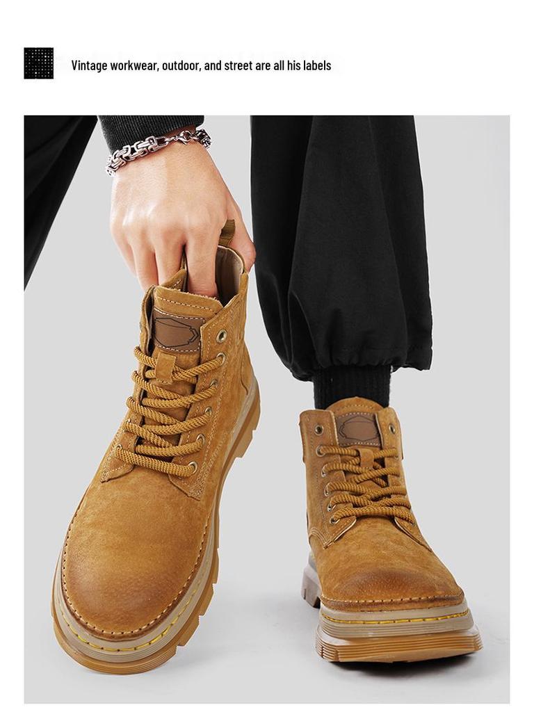 Men's Genuine Leather High-Top Martin Boots - Yellow Retro Winter Snow Shoes with Plush Lining