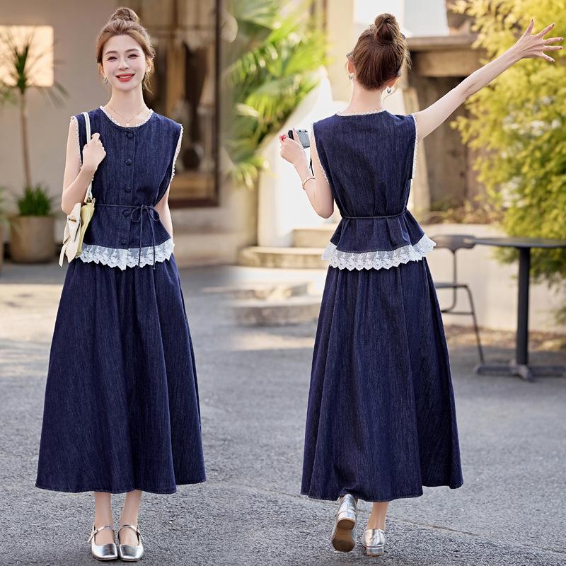 

Женский летний повседневный комплект из двух предметов: жилет и миди-юбка с кружевной отделкой, 2025 S (90-105 jin)